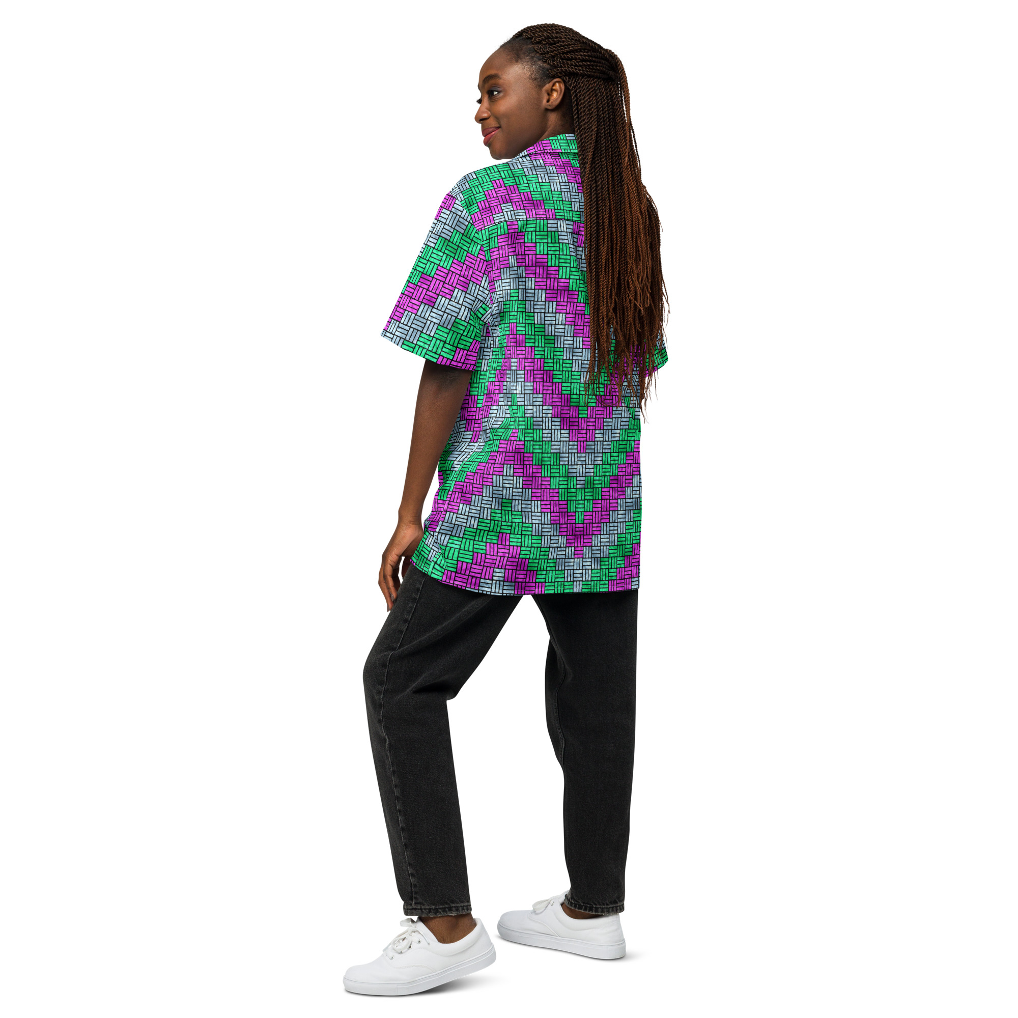 Purple, Teal, and Blue ZigZag Weave Pattern Button-Down Short-Sleeve Shirt - Image 5