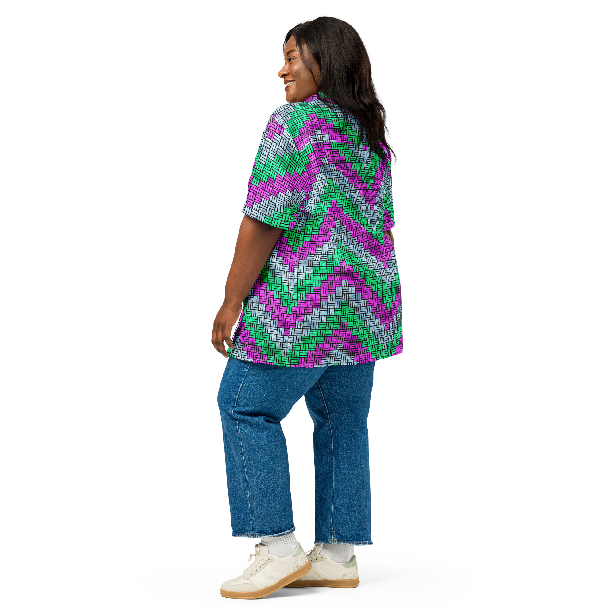 Purple, Teal, and Blue ZigZag Weave Pattern Button-Down Short-Sleeve Shirt - Image 8