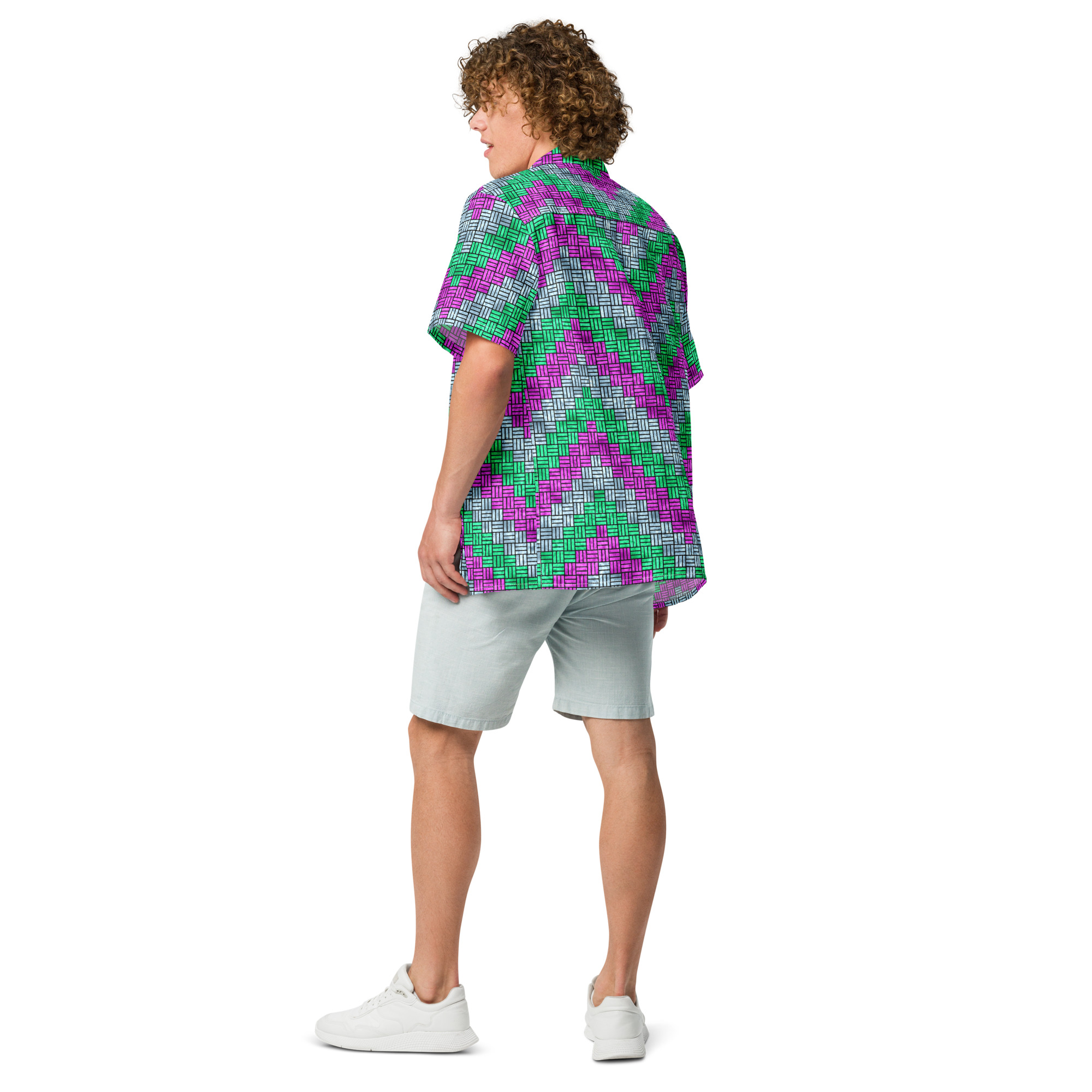 Purple, Teal, and Blue ZigZag Weave Pattern Button-Down Short-Sleeve Shirt - Image 10