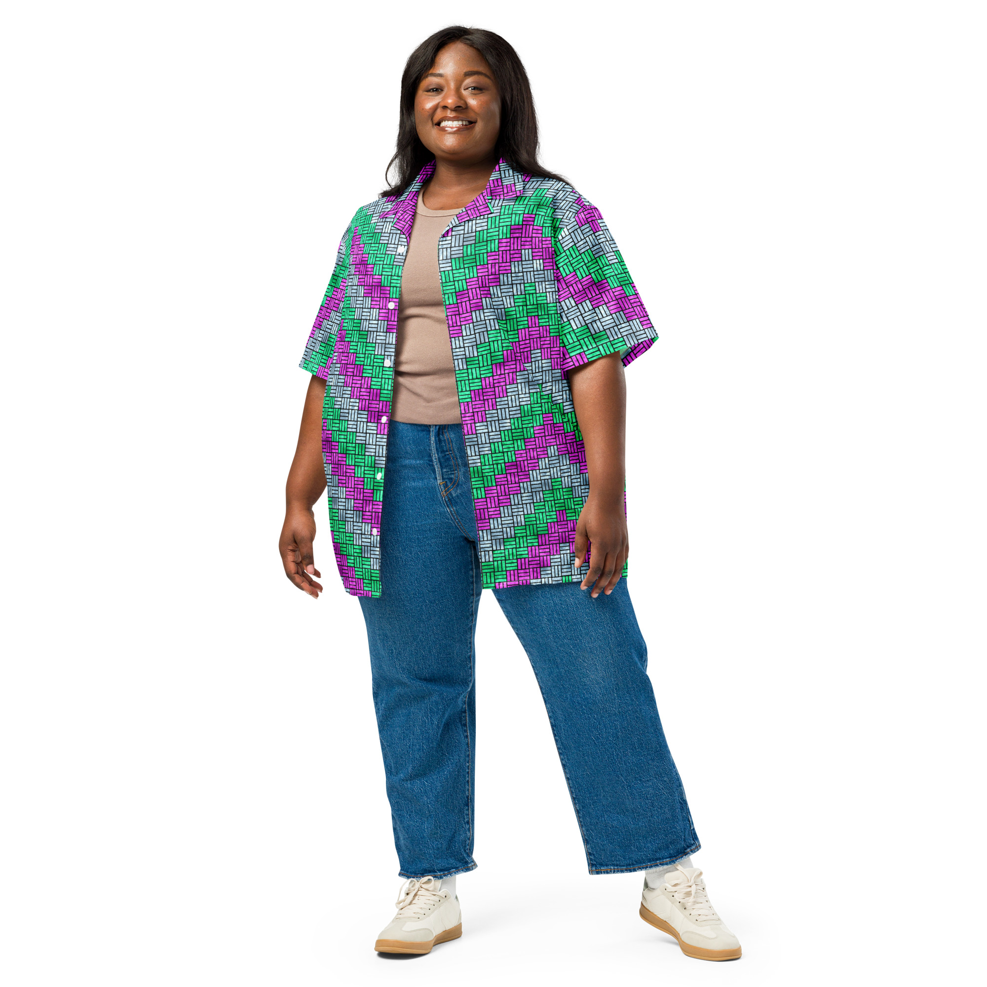Purple, Teal, and Blue ZigZag Weave Pattern Button-Down Short-Sleeve Shirt - Image 7