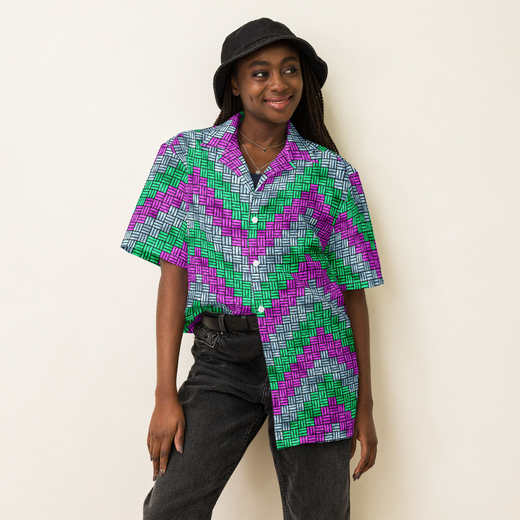 Purple, Teal, and Blue ZigZag Weave Pattern Button-Down Short-Sleeve Shirt - Image 6