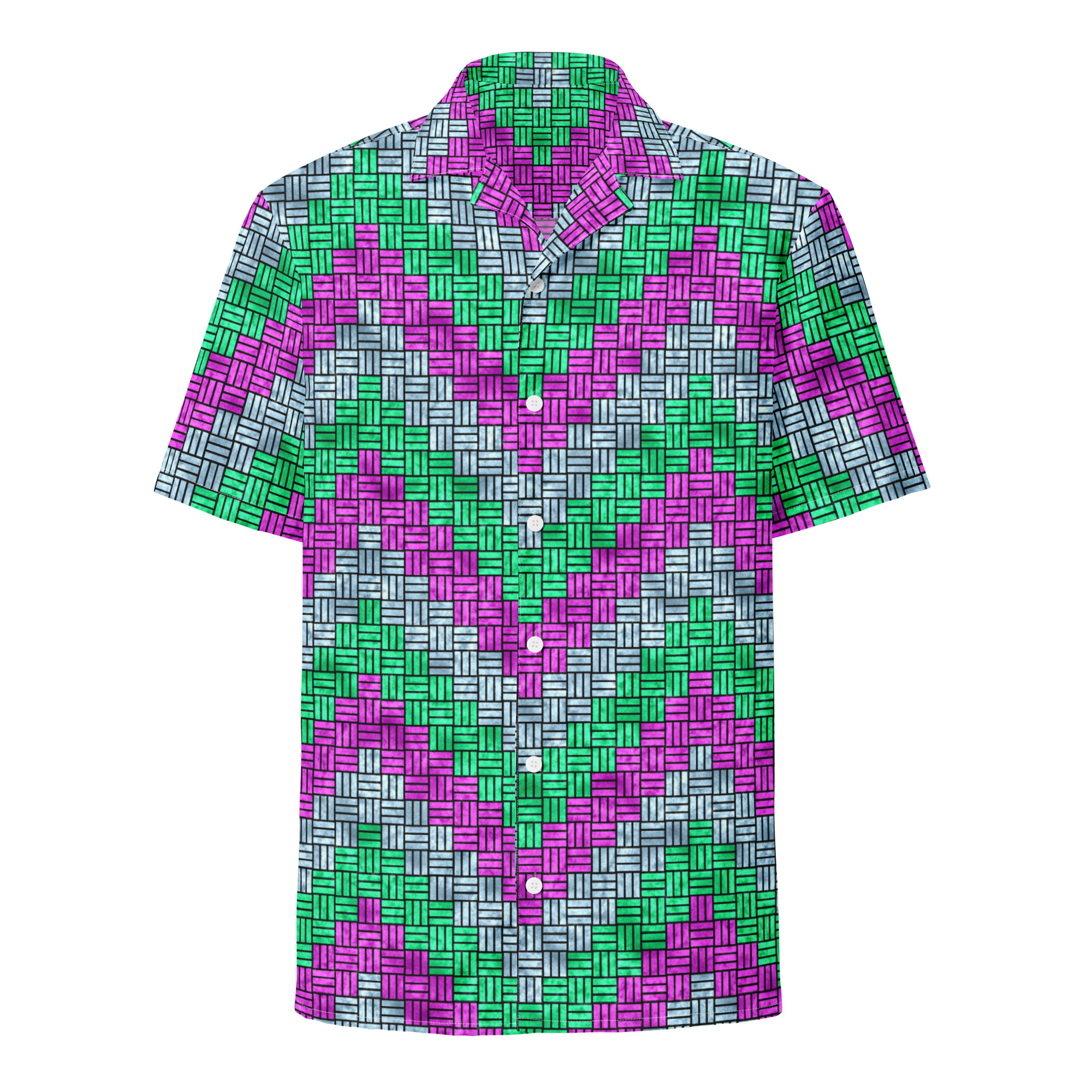 Purple, Teal, and Blue ZigZag Weave Pattern Button-Down Short-Sleeve Shirt - Image 3