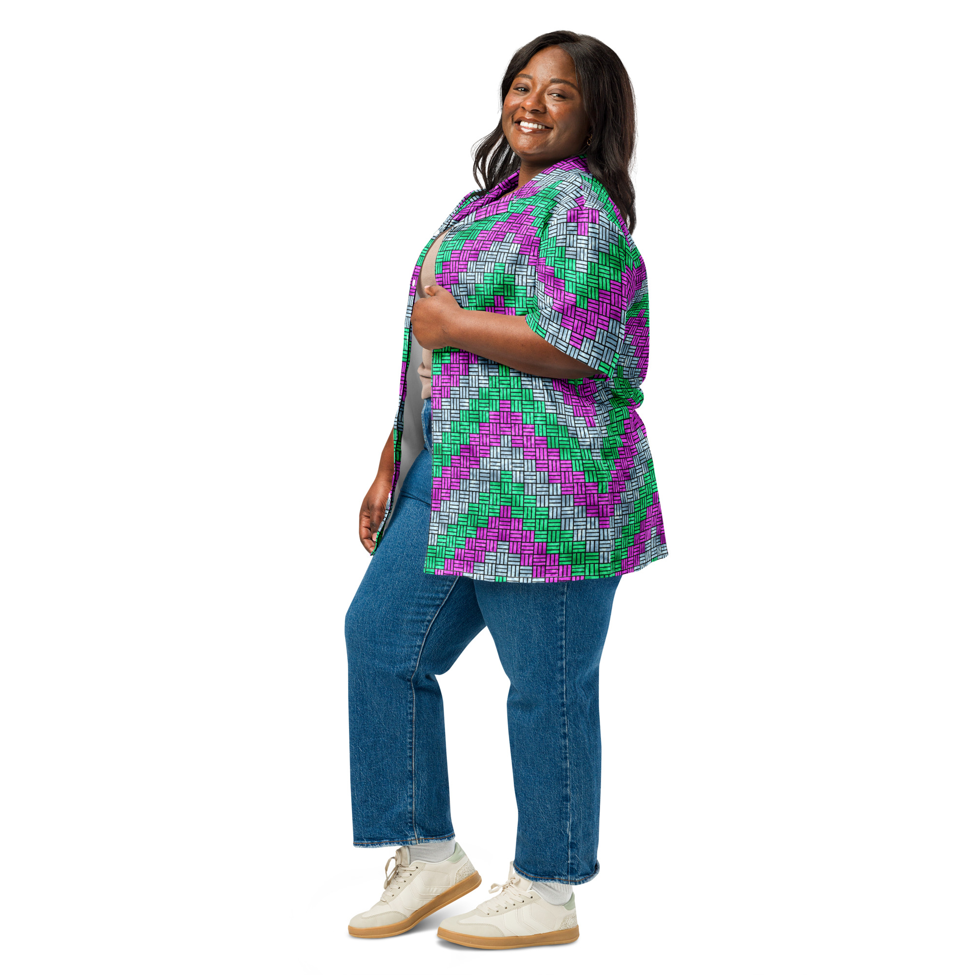 Purple, Teal, and Blue ZigZag Weave Pattern Button-Down Short-Sleeve Shirt - Image 9