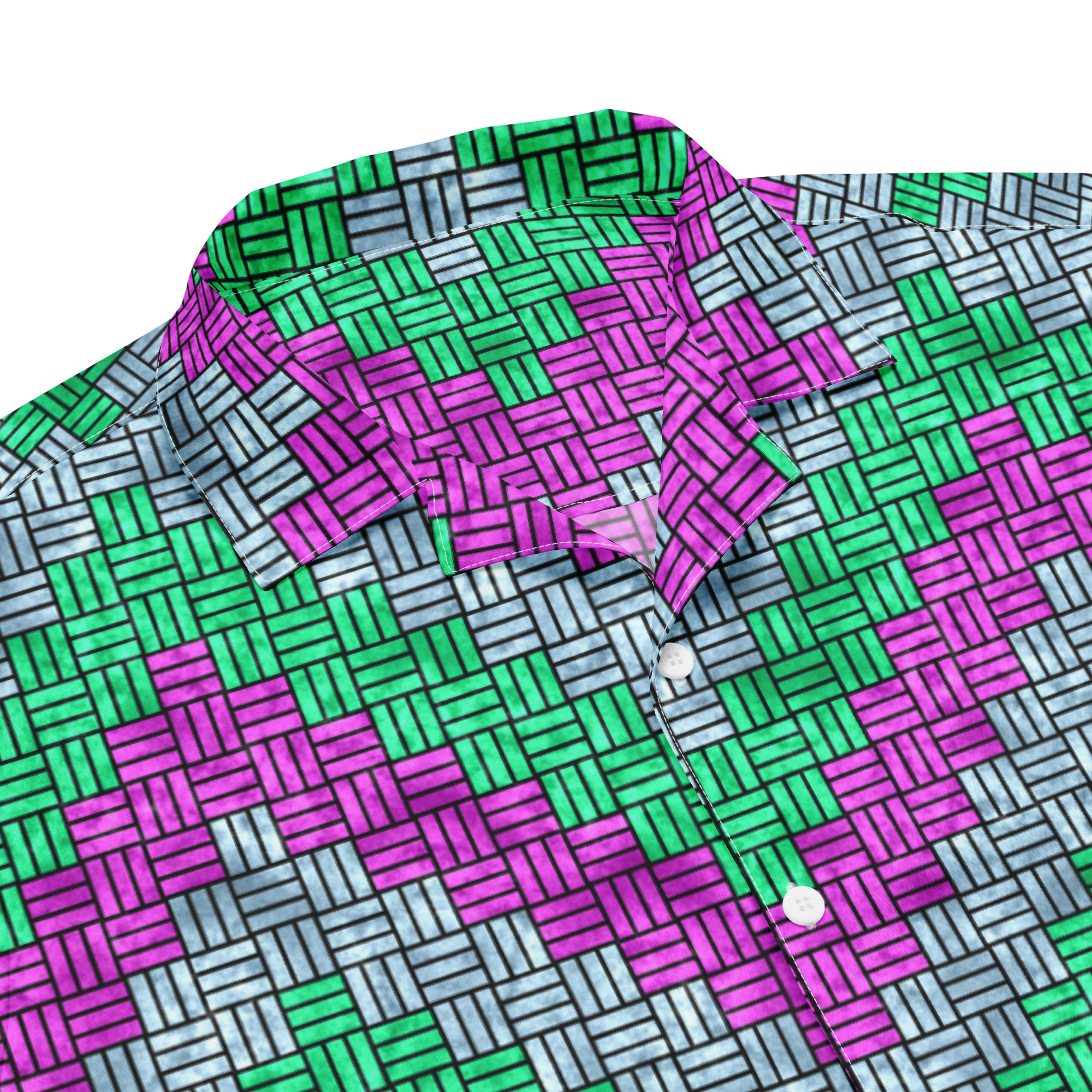 Purple, Teal, and Blue ZigZag Weave Pattern Button-Down Short-Sleeve Shirt - Image 2
