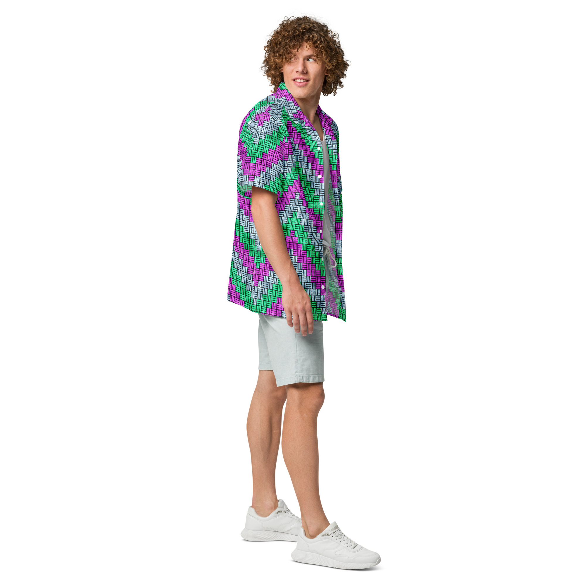 Purple, Teal, and Blue ZigZag Weave Pattern Button-Down Short-Sleeve Shirt - Image 11