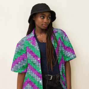Purple, Teal, and Blue ZigZag Weave Pattern Button-Down Short-Sleeve Shirt