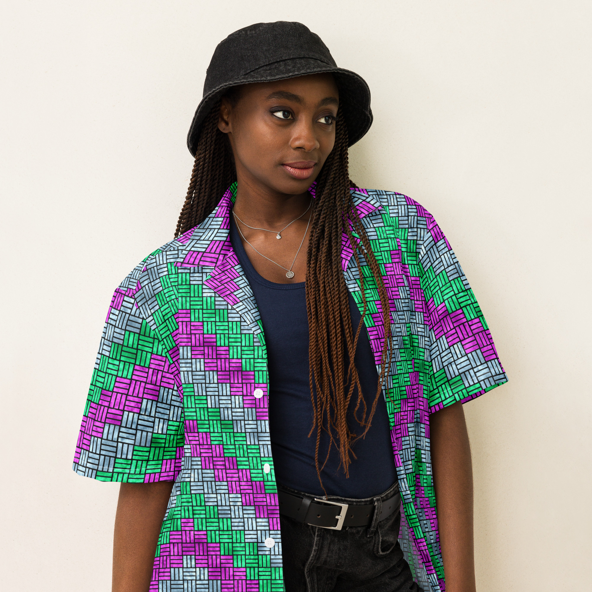 Purple, Teal, and Blue ZigZag Weave Pattern Button-Down Short-Sleeve Shirt